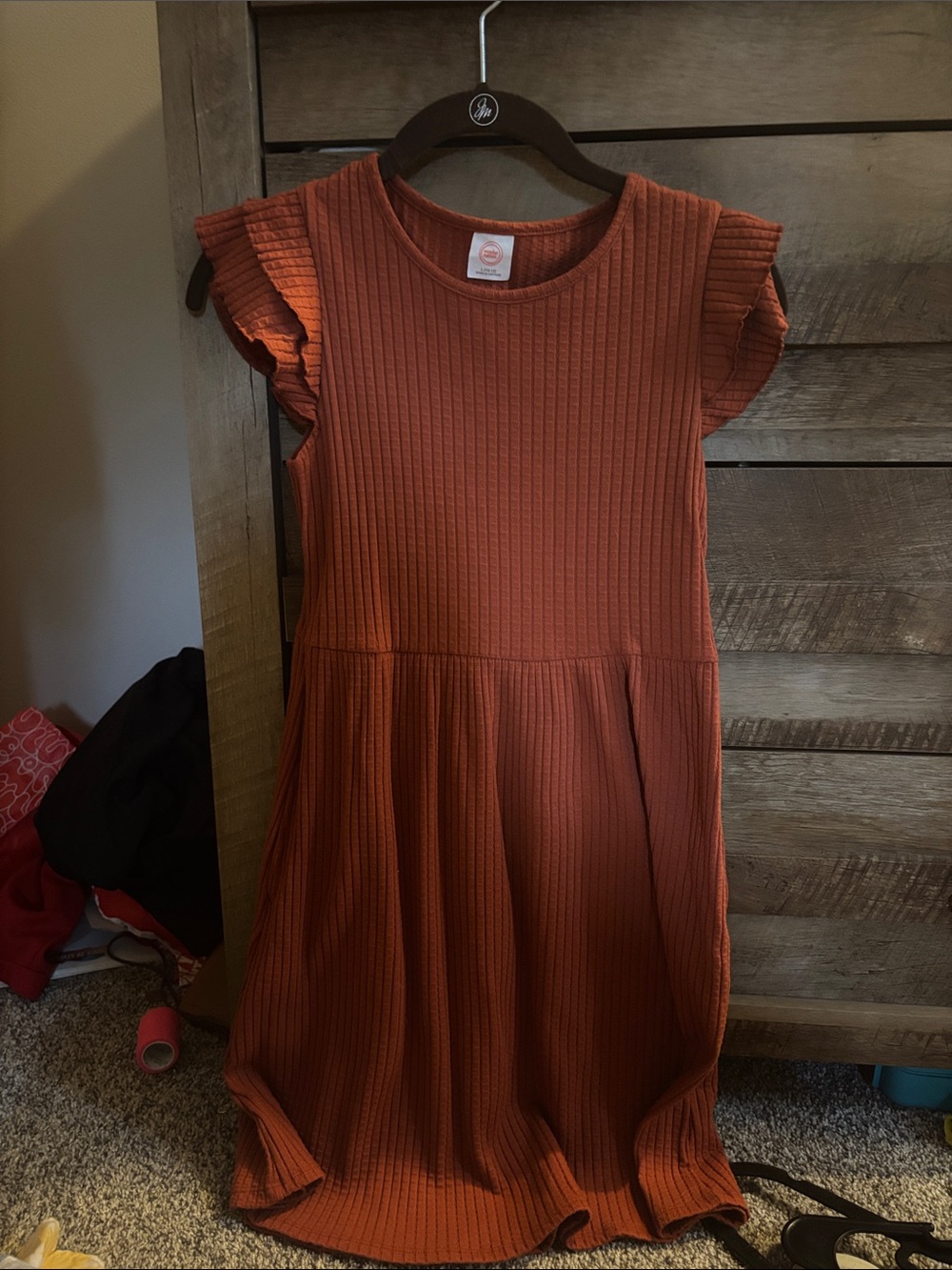 wonder nation Rust Ribbed Flutter-Sleeve Casual Dress